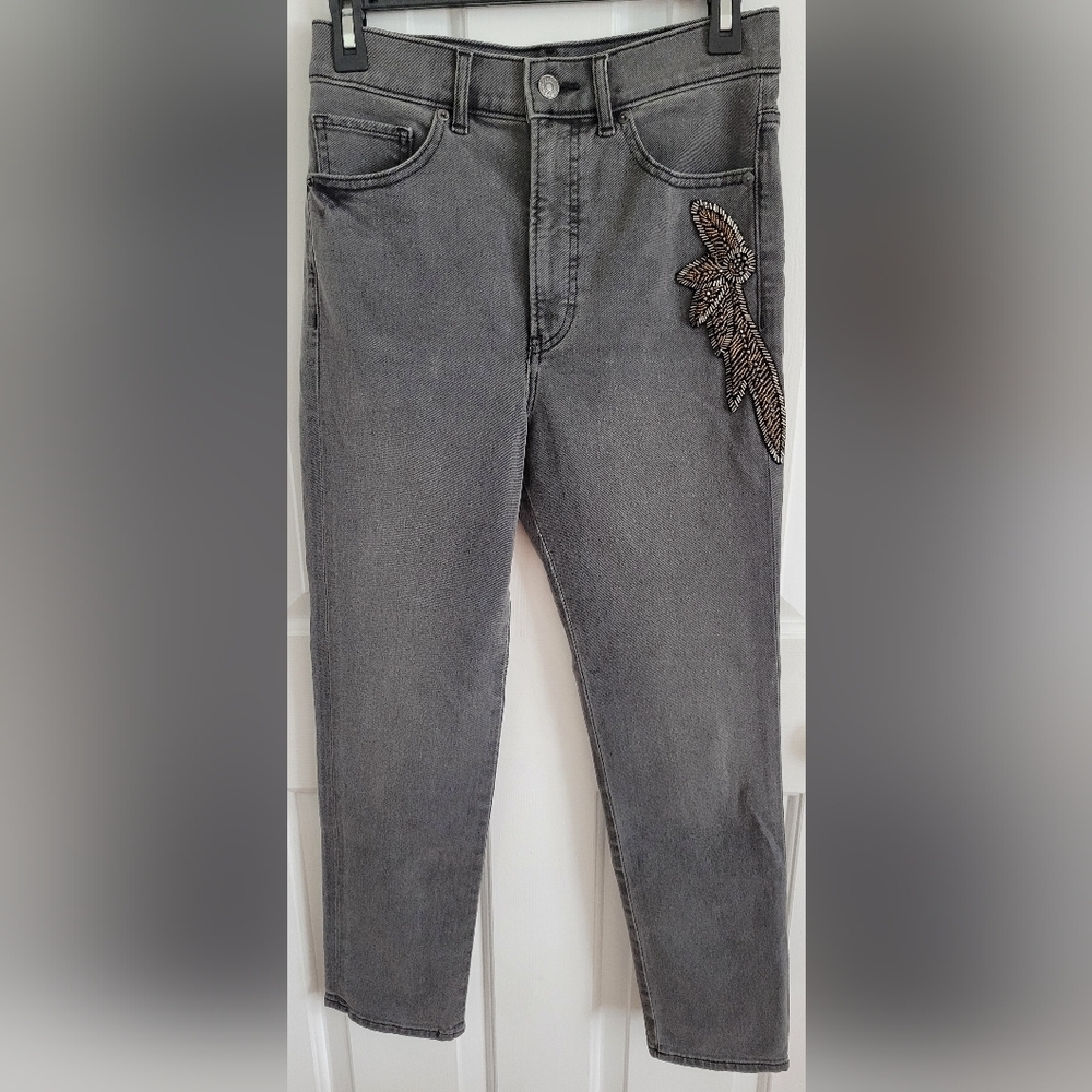 Express Slim Super High Rise Women Gray Denim Stretch Embellished Jeans Size 4R
